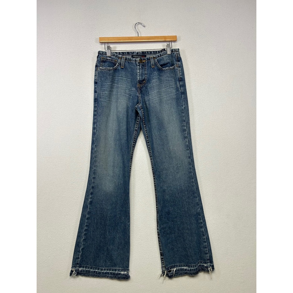 Y2K Boho American Eagle Women 4 Blue Frayed Raw Hem Low Rise Flare Jeans